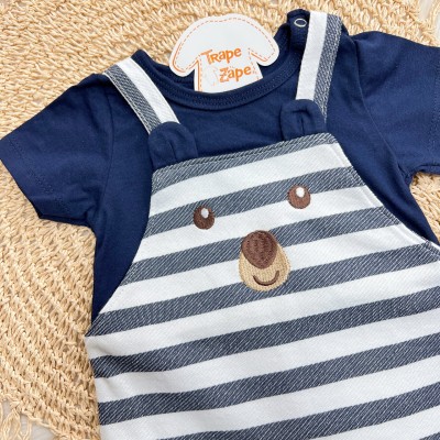 Macaquinho Curto Ursinho Listrado - Marinho Macaquinho Curto Ursinho Listrado - Marinho